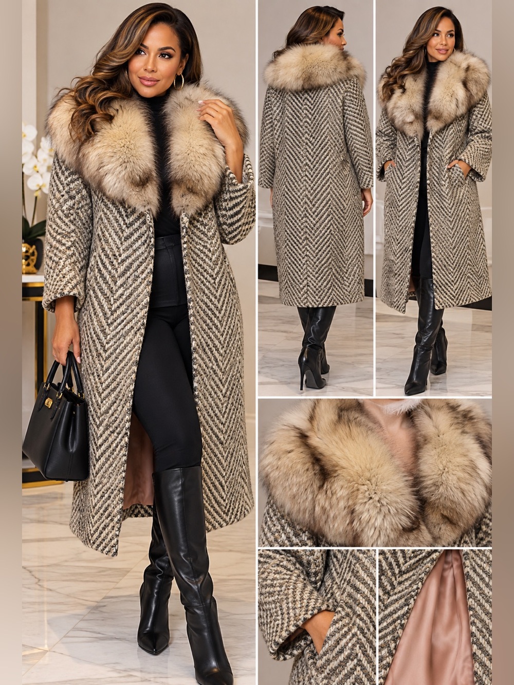 Vintage 1960s Wool Tweed Swing Coat Real Fox Fur Collar Chevron Mint 12/14